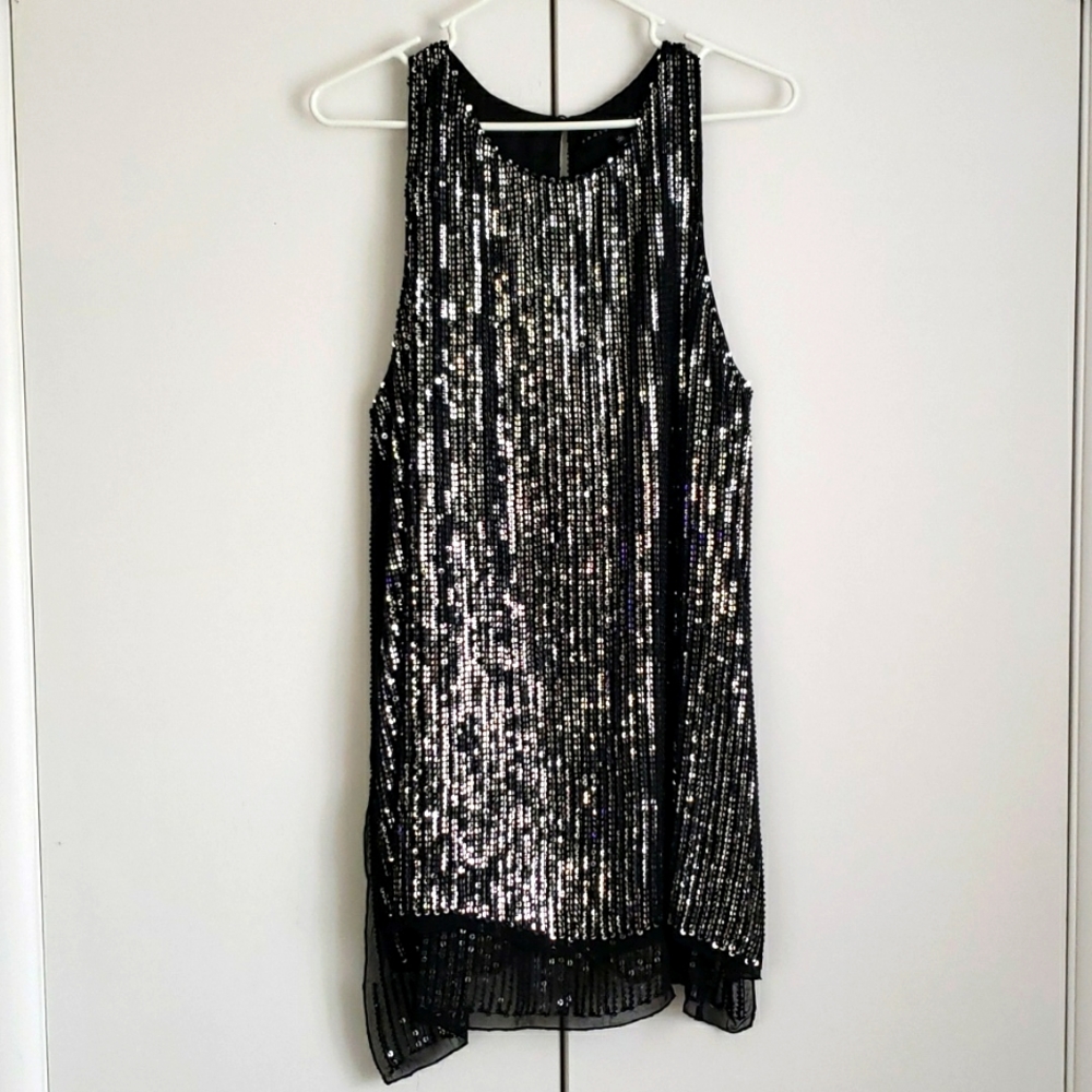 Women's Black Silk Beaded Sequin Top  Round Neck Lined  Cocktail Party Top